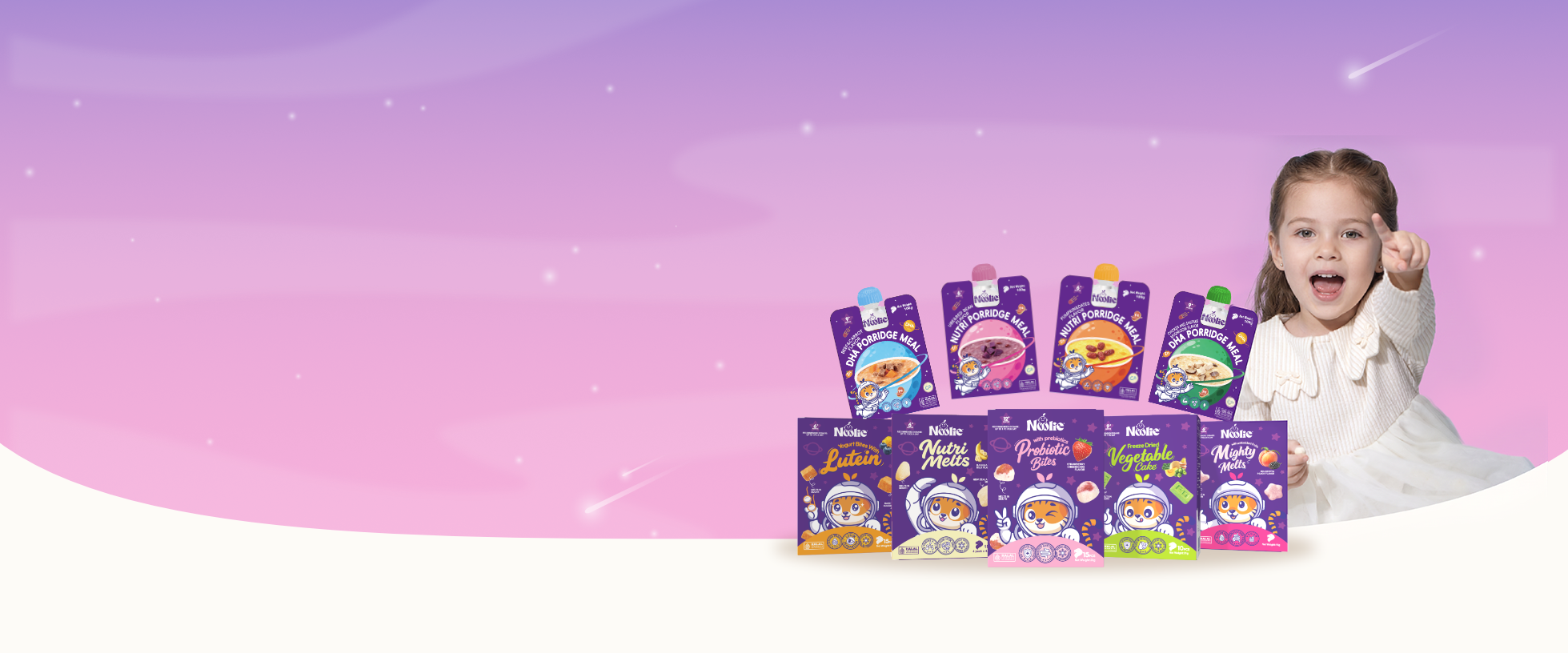 A young girl in a white dress stands next to a display of colorful snack pouches and boxes on a pink and purple gradient background with a white curved base.